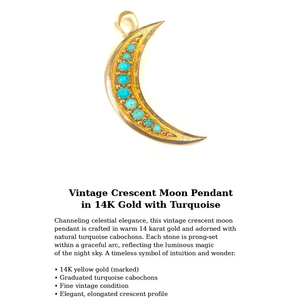 Vintage Crescent Moon Pendant in 14K Gold with Turquoise - Picture 2 of 3